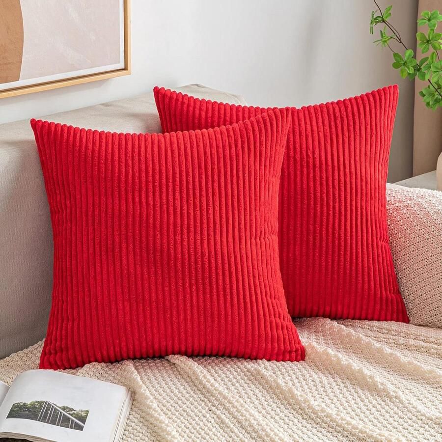 Allecto Plus Kussensloop ribfluweel voor kerst Decoratieve zachte sierkussenovertrek Corduroy Rood 40 x 40 cm Woonkamer slaapkamer bank stoel