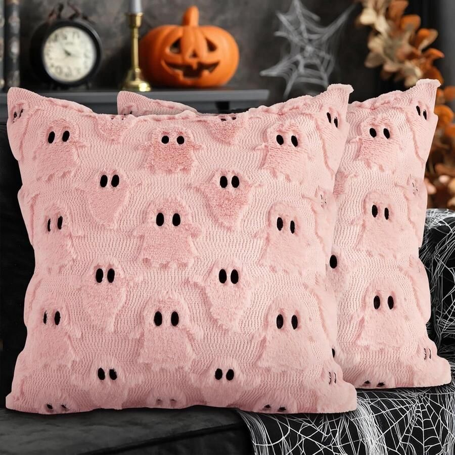 Allecto Plus Kussenslopen Halloween Geest Pluche 2 Stuks 50 x 50 cm Decoratieve Winterkussens Beddengoed Bank Thanksgiving Decoraties Roze Stijl A