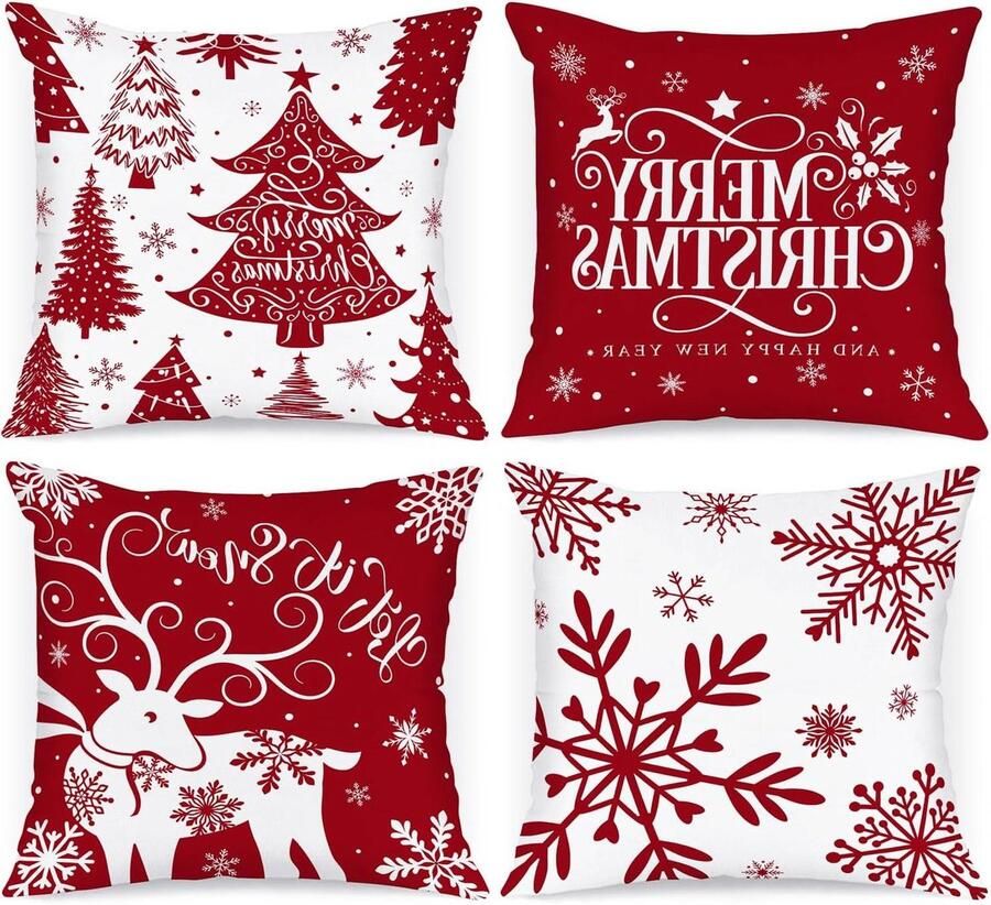 Allecto plus Kussenslopen Kerst Thema Rood Set van 4 Cartoon Herten en Sneeuwvlokken 45x45 cm Voor Bank en Huis Winter Decoratie