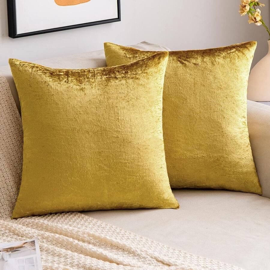 Allecto Plus Kussenslopen Set van 2 Fluweel Goudkleurig Decoratief 40 x 40 cm Woonkamer Bank Slaapkamer