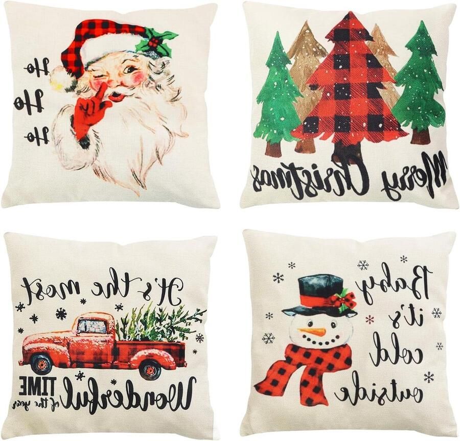 Allecto plus Kussenslopen voor Buiten Linnen Kussenhoes voor Bank Kerstdecoratie 4-pack Sierkussensloop Tuin Decoratie 45 x 45 cm Wit