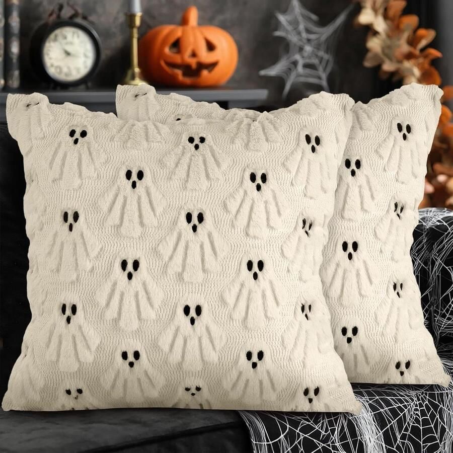 Allecto plus Kussenslopen voor Halloween pluche geest wit 50 x 50 cm set van 2 Decoratieve kussens voor beddengoed en bank winterdecoraties