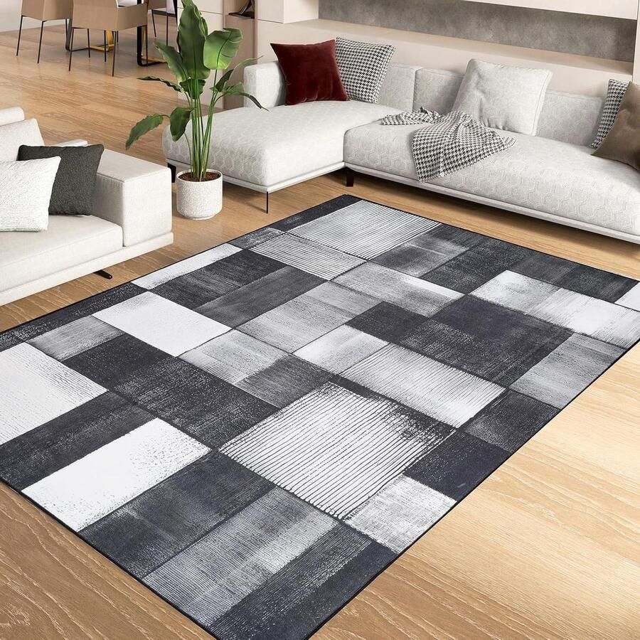 Allecto plus Laagpolig Vloerkleed voor Woon- en Slaapkamer Wasbaar Antislip Robuust Onderhoudsvriendelijk Rechthoekig Duurzaam Polyester Zwart Grijs 120 x 170 cm