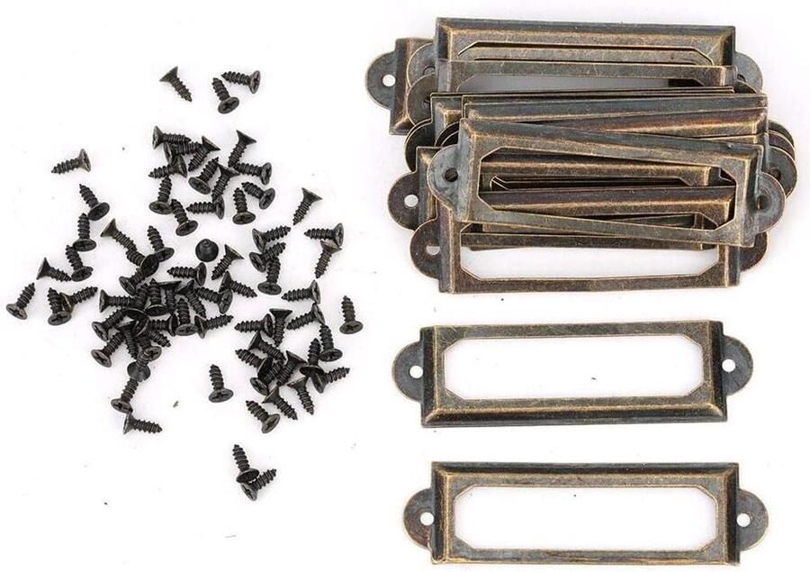 Allecto Plus Labelhouders voor kantoor en decoratie 20 stuks Metalen visitekaartjesframes voor kasten en lades Antiek design Groen bronzen tint