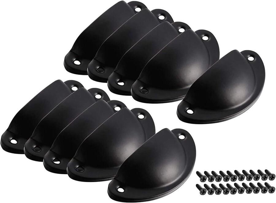 Allecto plus 10 Pack vintage antieke shell cup lade trekgrepen voor keukenkasten zwart met schroeven