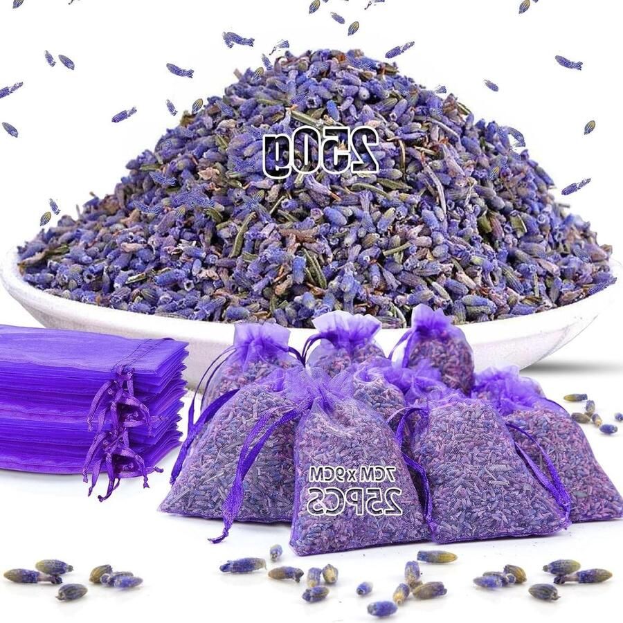 Allecto Plus Lavendelbloemen 250g Lavendelzakjes Natuurlijke Lavendel 25 Stuks Organza Cadeauzakken voor Trouwbedankjes en Tafeldecoraties Kledingkast Luchtverfrissers
