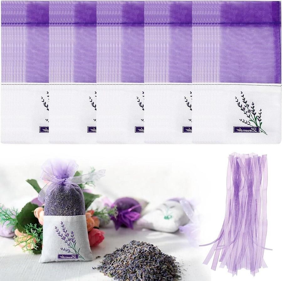 Allecto Plus Lavendelzakjes 50 stuks 165 x 7 cm Geurzakjes voor kledingkast Lavendelzakken met trekkoord Paars Autogeur Kamergeur Leeg