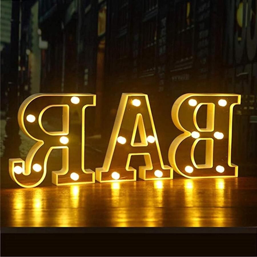 Allecto Plus LED Marquee Letters Lichtslinger BAR Tekst Lamp Verlichte Letters Nachtlampjes Decoratie Batterijgevoed voor BAR Café Thuisfeest Bruiloftsdecoratie (Gouden)