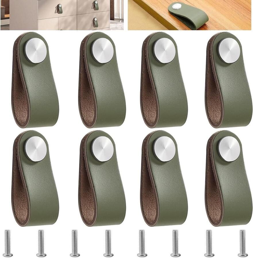Allecto Plus Lederen handgrepen voor meubels Set van 8 Groen Kastgrepen Knopen van leer Inclusief schroeven