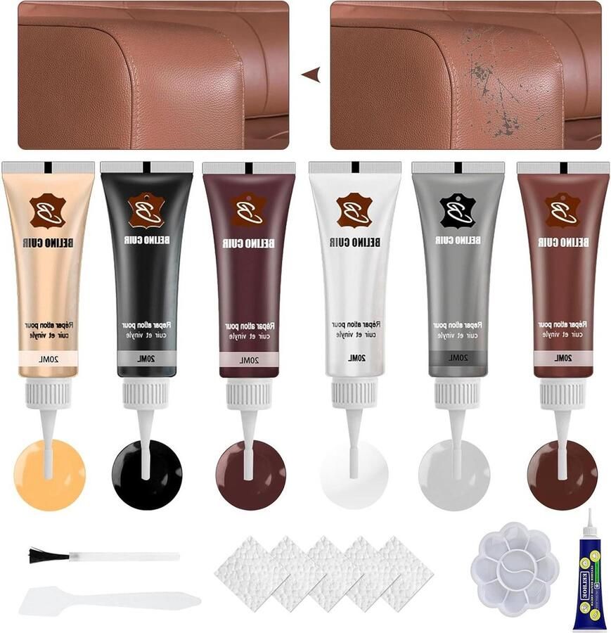 Allecto Plus Reparatieset voor leer in 6 kleuren Zwart bruin wit beige grijs Autostoel bank en meubel reparatieset met vloeibare krasvulling