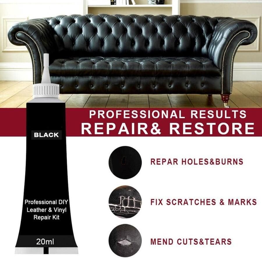 Allecto plus Leerreparatiegel Zwart 20 ml Autostoel Jas Schoenmeubilair Opknappen Brandwonden Scheuren Zonder Sporen Eenvoudig in Gebruik