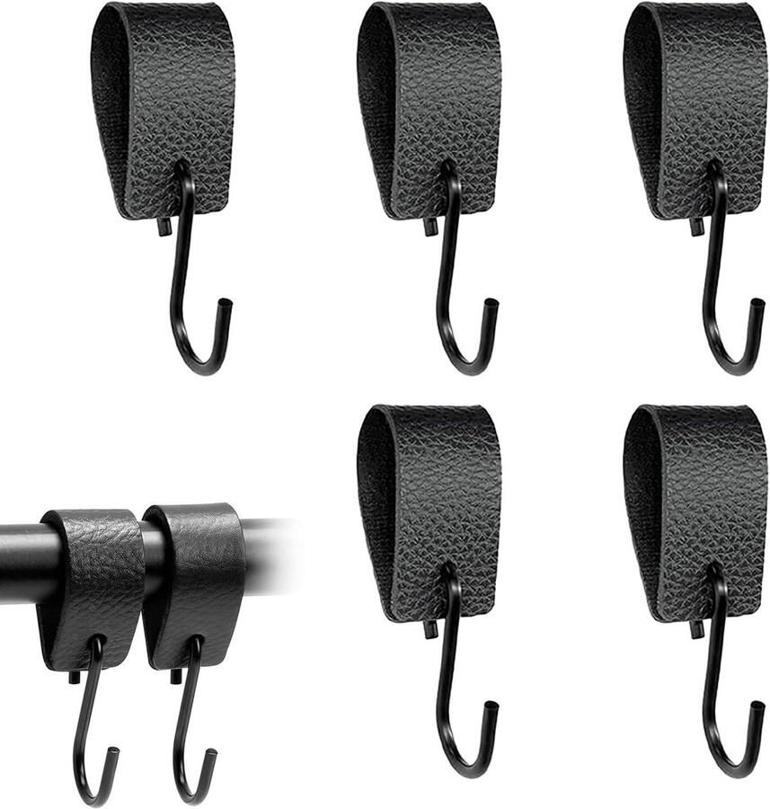 Allecto Plus Leren S Haken 5 stuks Zwarte Kledinghaken voor Kledingstang Multifunctioneel voor Garderobe Keuken Badkamer