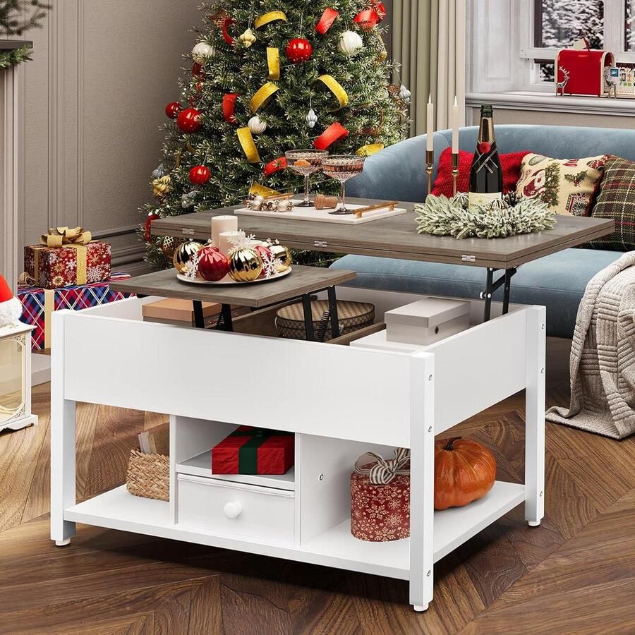 Allecto Plus Lift Top Salontafel Met Laden en Opbergruimte Multifunctionele Opklapbare Tafel Om te Zetten in Eettafel Voor Woonkamer en Eetkamer Wit & Grijs Ruime Opbergruimte Modern Design Hoge Kwaliteit