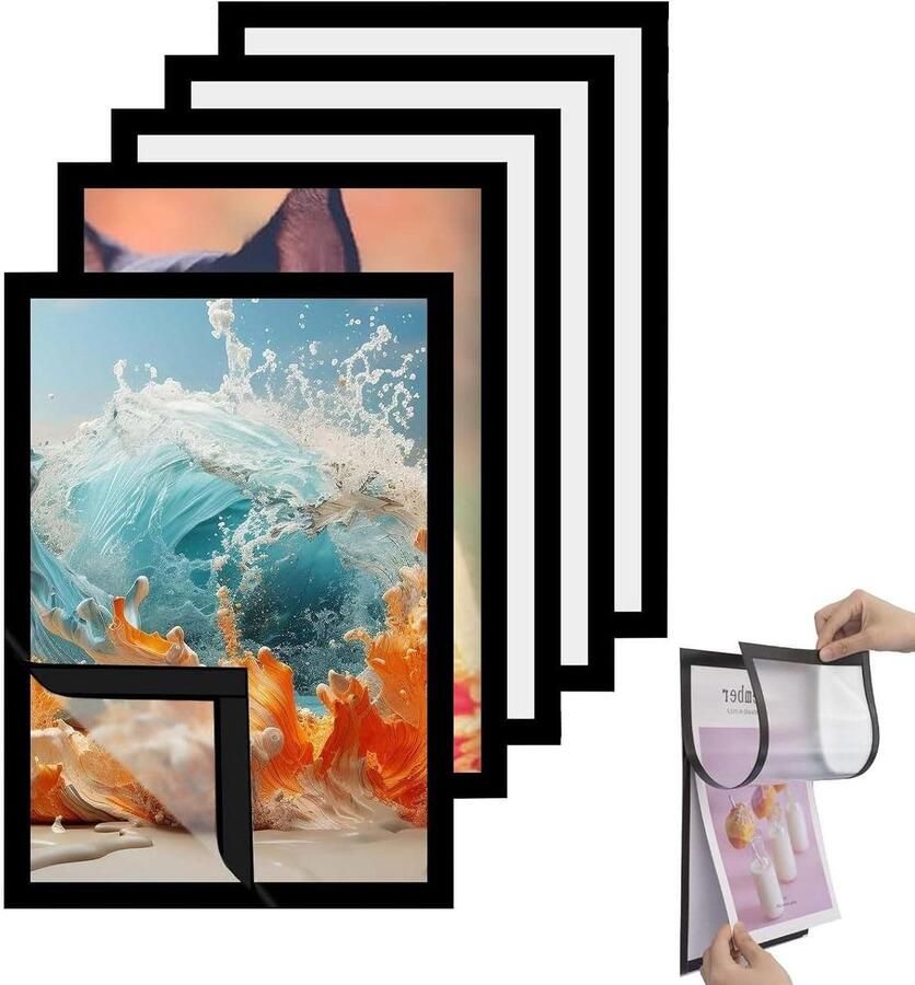 Allecto Plus Magnetische fotolijstjes set A4 formaat 5 rechthoekige frames van PVC zelfklevend en waterdicht verticaal 21 cm x 21 cm voor wanddecoratie thuis en op kantoor op muur of tafel