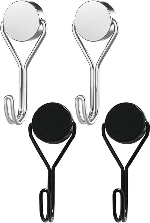 Allecto Plus Magnetische Haken Set van 4 stuks voor Keuken & Slaapkamer Zwart Zilver Decoratieve Hangende Lampen & Tuingereedschap