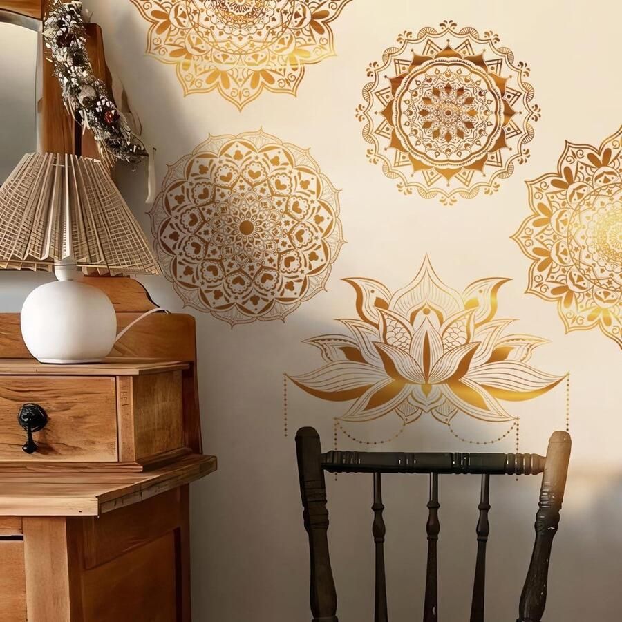 Allecto Plus Mandala Muurstickers Boho met Gouden Lotus Bloemen Peel en Stick Slaapkamer Woonkamer Yoga Hoofdbord Decoratie Gemakkelijk aan te brengen Hoge kwaliteit Decoratieve Muurdecoratie Stijlvol Ontwerp