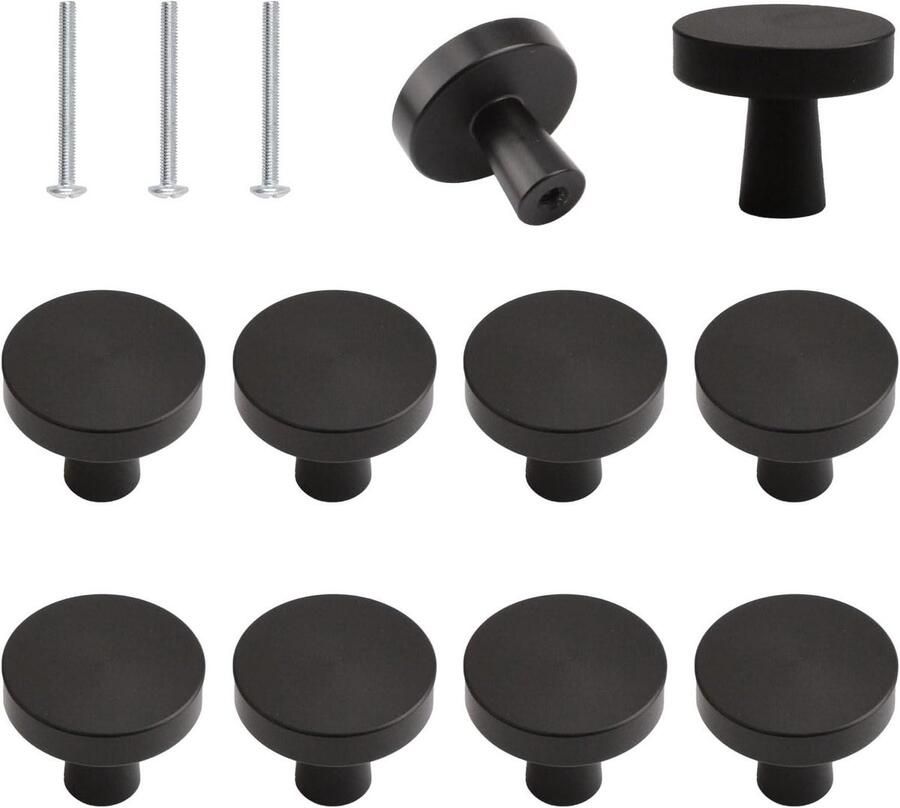 Allecto Premium Ronde matzwarte ladeknoppen 10 stuks voor keukenkasten inclusief montageschroeven