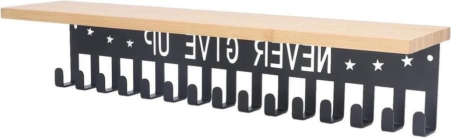 Allecto Plus Medalenrek met Trofeeplank en Metalen Wandbevestiging voor Gymnastics en Basketbal 20 Haken 16 Inch Houten Display