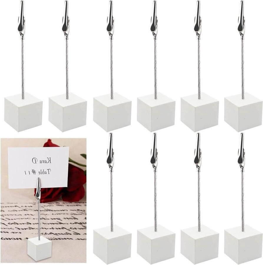 Allecto Plus Memo Clip houders set van 10 stuks houten kaarthouder voor tafel fotohouder met clips verticale notitie fotohouder fotokubus voor foto's wit Praktische en stijlvolle tafeldecoratie