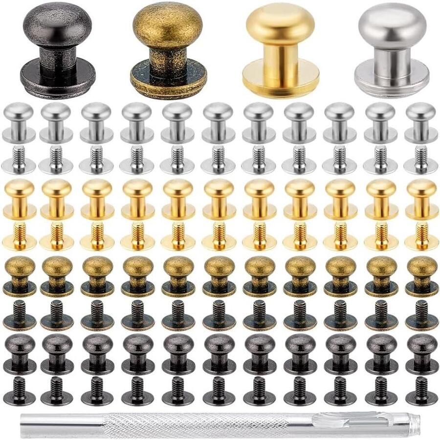 Allecto plus Messing Kast Lade Pull Handvat Set DIY Lederen Craft Meubels Accessoires met Schroeven en Puncher 64 Sets 4 Kleuren Knop Studs 9x8 8mm