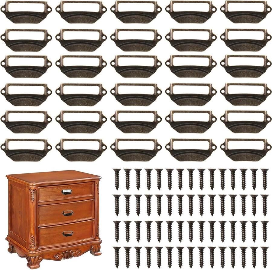 Allecto Plus Metaal Vintage Labelhouder Handgrepen 30 Stuks Labelhouder Etikettenframe Keukenkasten Ladekasten 60 Schroeven Voor Kantoorladen 70 x 30 mm