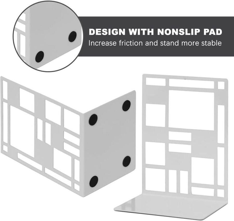 Allecto Plus Metalen Boekensteunen voor Planken Antislip Boekenstopper voor Thuis en Kantoor Unieke Ontwerpen Boekensteun Bibliotheek Accessoire (1 paar wit)