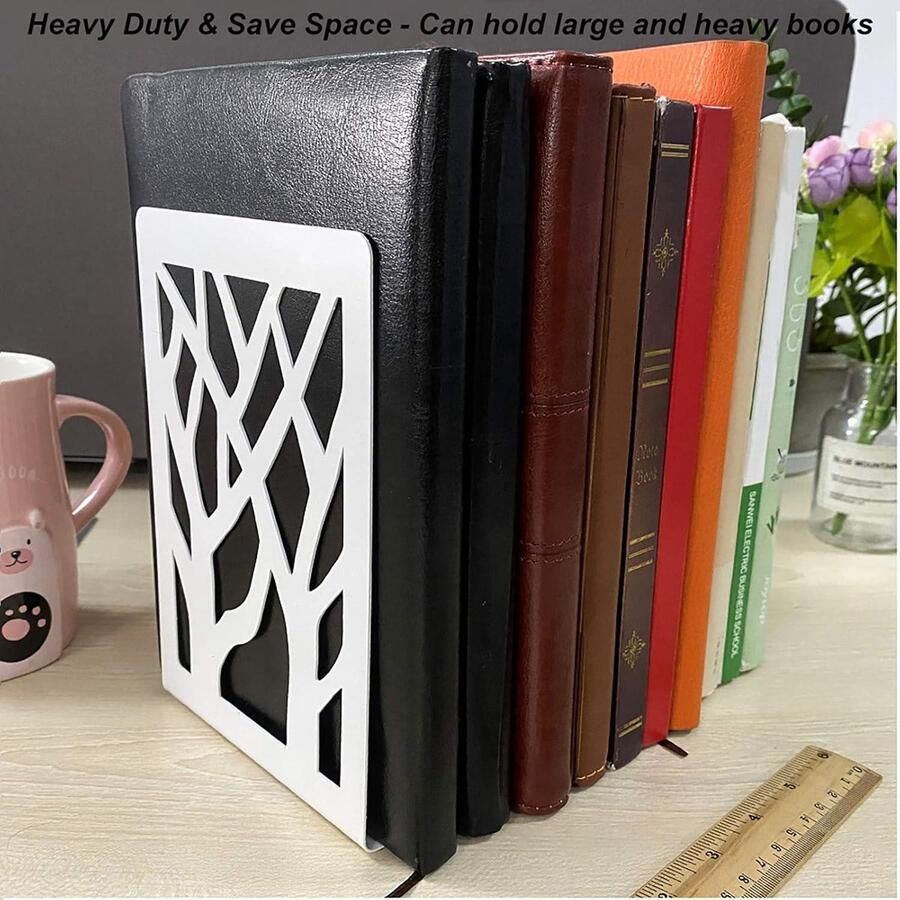 Allecto Plus Metalen boekensteunen voor zwaar gebruik 2 Paar Decoratieve Boekenstop Boomvorm Antislip Bureau Boekensteunen Steunstandaard Kantoren en Scholen Planken Verdeler Ruimtebesparend Wit