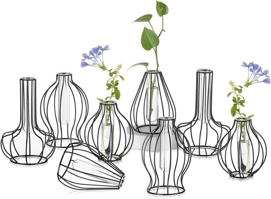 Allecto Plus Metalen Draad Glazen Vaas Mini Kweekstation Set van 8 Moderne Geometrische Vaas voor Hydrocultuurplanten Minimalistisch Design Voor Tafel Woonkamer Slaapkamer