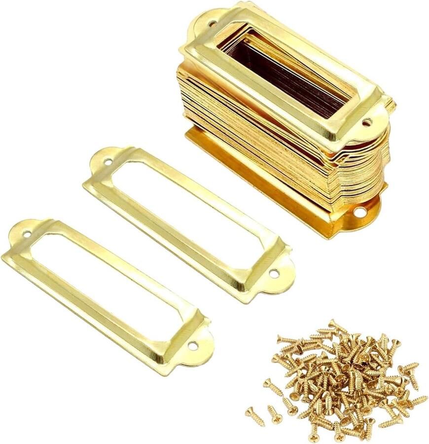 Allecto Plus Metalen Etikettenhouders voor Apothekerskast 30 stuks Goudkleurig_Metaal Met Schroeven Labelhouder met Handvat