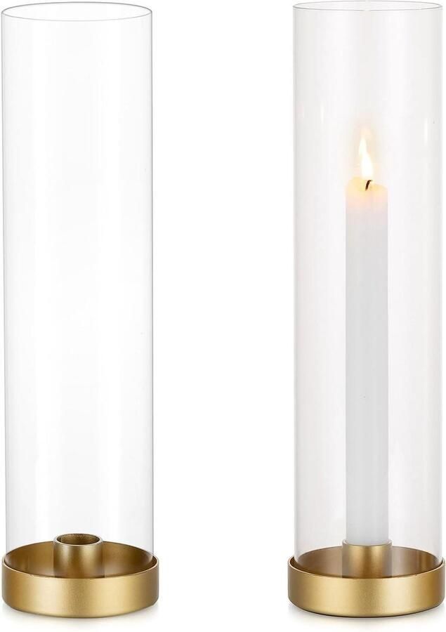 Allecto Plus Metalen Kandelaars Goud Voor Bruiloft en Kerst Decoratieve Orkaan Kaarshouders 30cm Set van 2 met Glazen Kaarsenstandaard Tafel Centerpiece Luxe Kaarshouders met Afneembare Houder