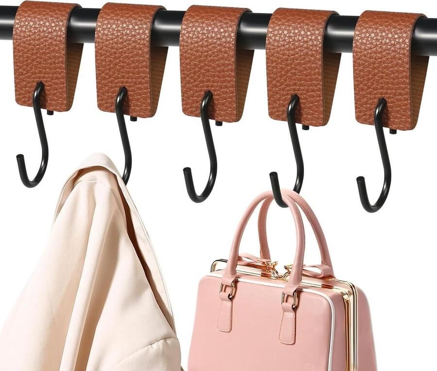 Allecto plus Metalen S Haken met Leren Lus 5 stuks Garderobe Kledingstang Keuken Badkamer