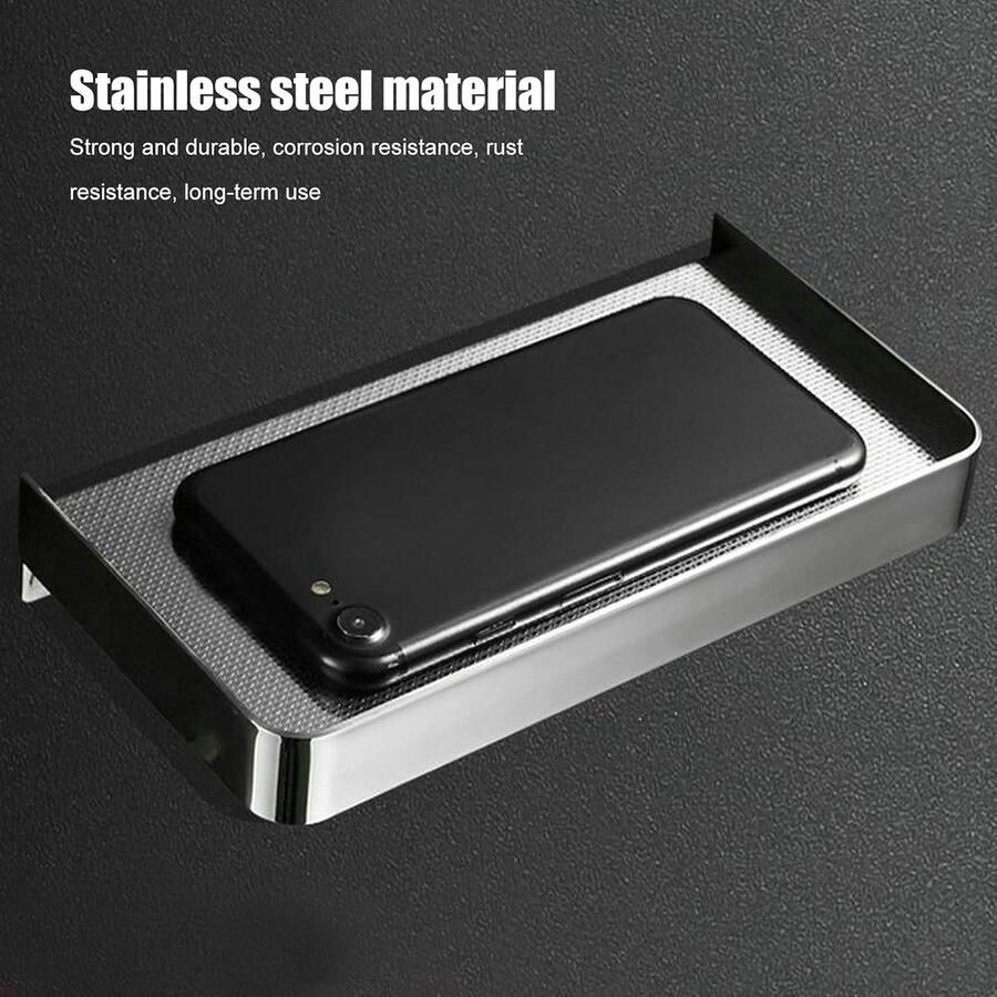 Allecto Plus Metalen wandplank roestvrijstalen badkamer zwevende plank toilet telefoonhouder wandopslag 73 x 89 cm (geborsteld) Praktische en moderne opbergruimte voor slaapkamer keuken en wasruimte