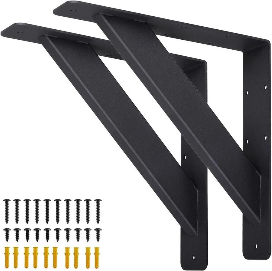Allecto Plus Metalen Zware Plankbeugels 90 Graden Set van 2 Voor Aanrecht Robuuste Hoekbeugels Muurbevestiging Zwart 254 x 254 mm