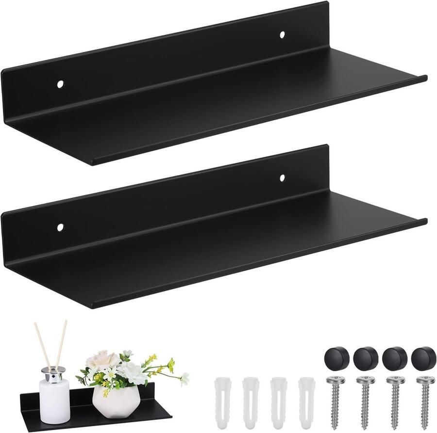 Allecto plus Metalen Zwevende Planken Set van 2 Wandmontage 30 cm Zwart Badkamerplank Organizer Roestvrij Doucheopslag Wandplanken voor Woonkamer Keuken Slaapkamer
