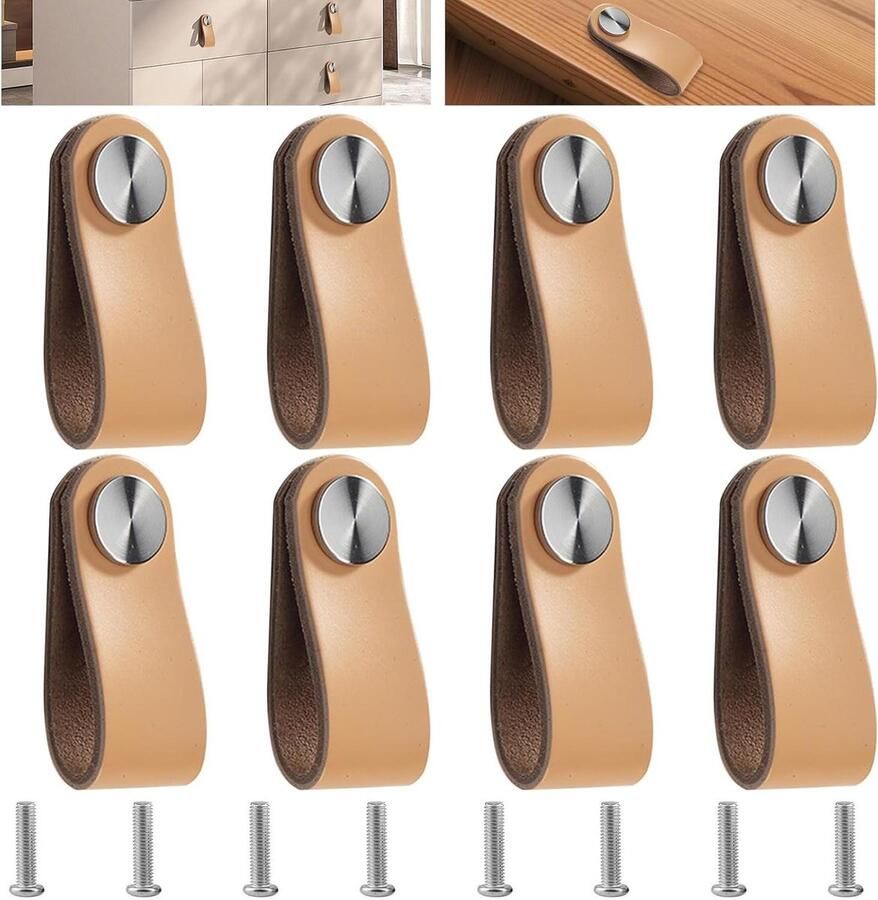 Allecto Plus Meubelgrepen leer beige 8 stuks Handvat leer vintage Kasten commode keuken badkamer Mandelaanse handvat