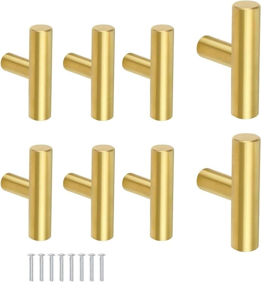 Allecto Plus Meubelgrepen T-vorm 8 stuks Gouden ladeknop Roestvrij staal Sterk en robuust Voor laden en kasten