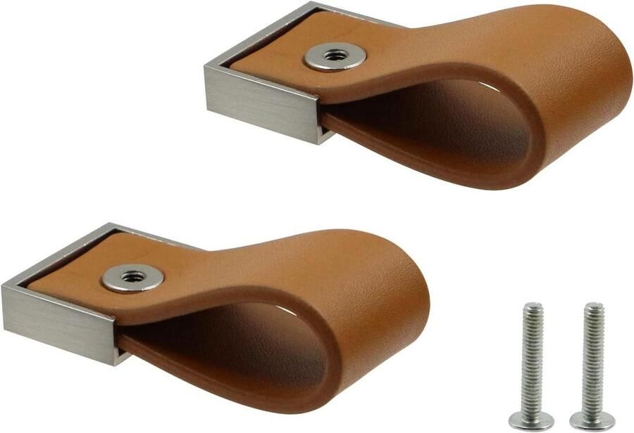 Allecto plus Meubelgrepen voor kasten en deuren Set van 2 stuks 128 mm Aluminium look Keukenkasten Bruin lederen handvat met lus