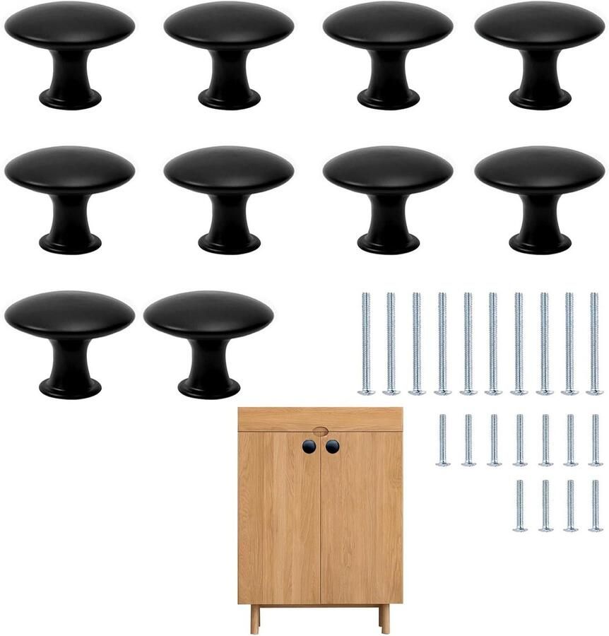 Allecto Plus Meubelknoppen 10 stuks met vintage design en schroeven Zwart geschikt voor laden en kasten Meubelknop en ladegrepen Roestvrij