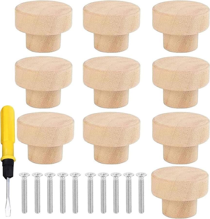 Allecto Plus Meubelknoppen houten ladegreep set van 10 Kastknoppen met schroevendraaier Ronde houten handgrepen Eenvoudig te monteren Ø33 x 25 mm Knoppen voor kast en meubels