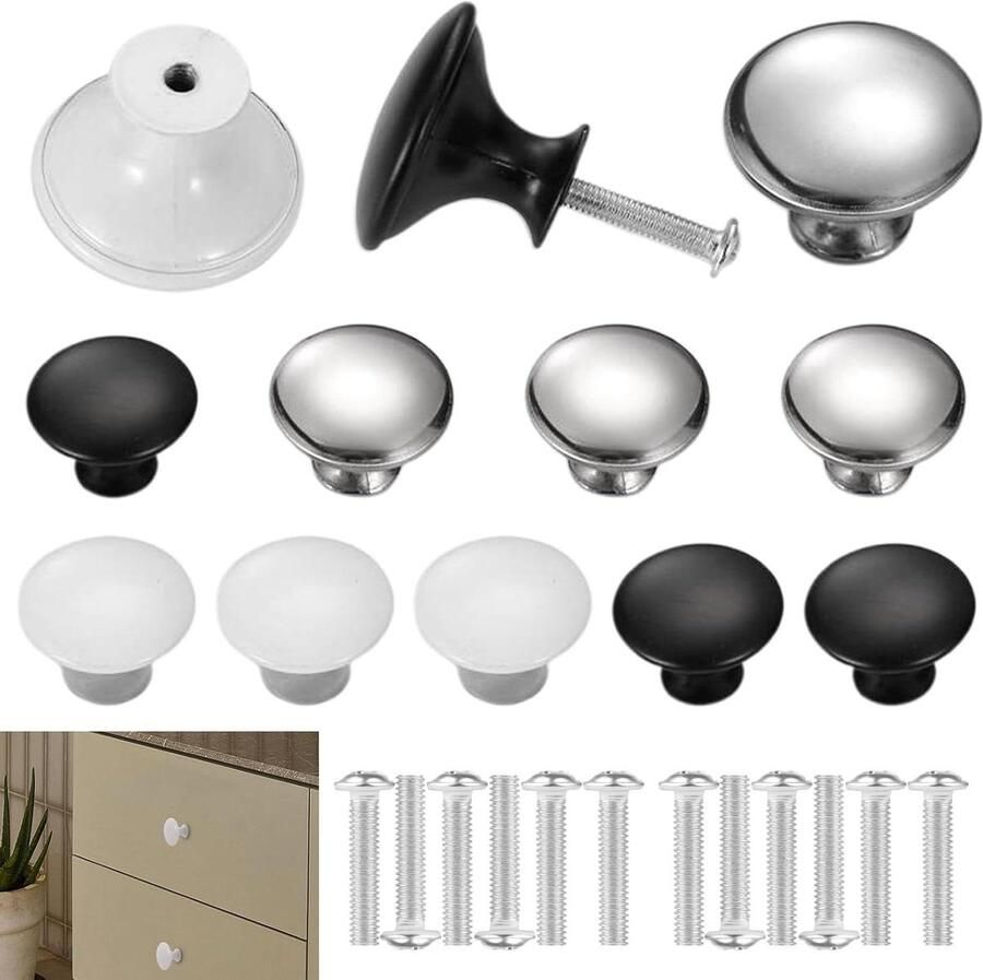 Allecto plus Meubelknoppen Set van 12 Zwart Kastknoppen Ladeknoppen Deurknoppen Inclusief Schroeven Vintage Design Kast Accessoires Zwart Zilver Wit