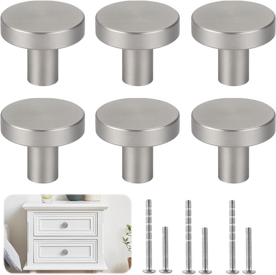 Allecto Plus Meubelknoppen Set van 6 Stuks in Zilverkleur voor Keuken- en Commodekasten Lades en Deuren Bureau-accessoires met Kastknoppen