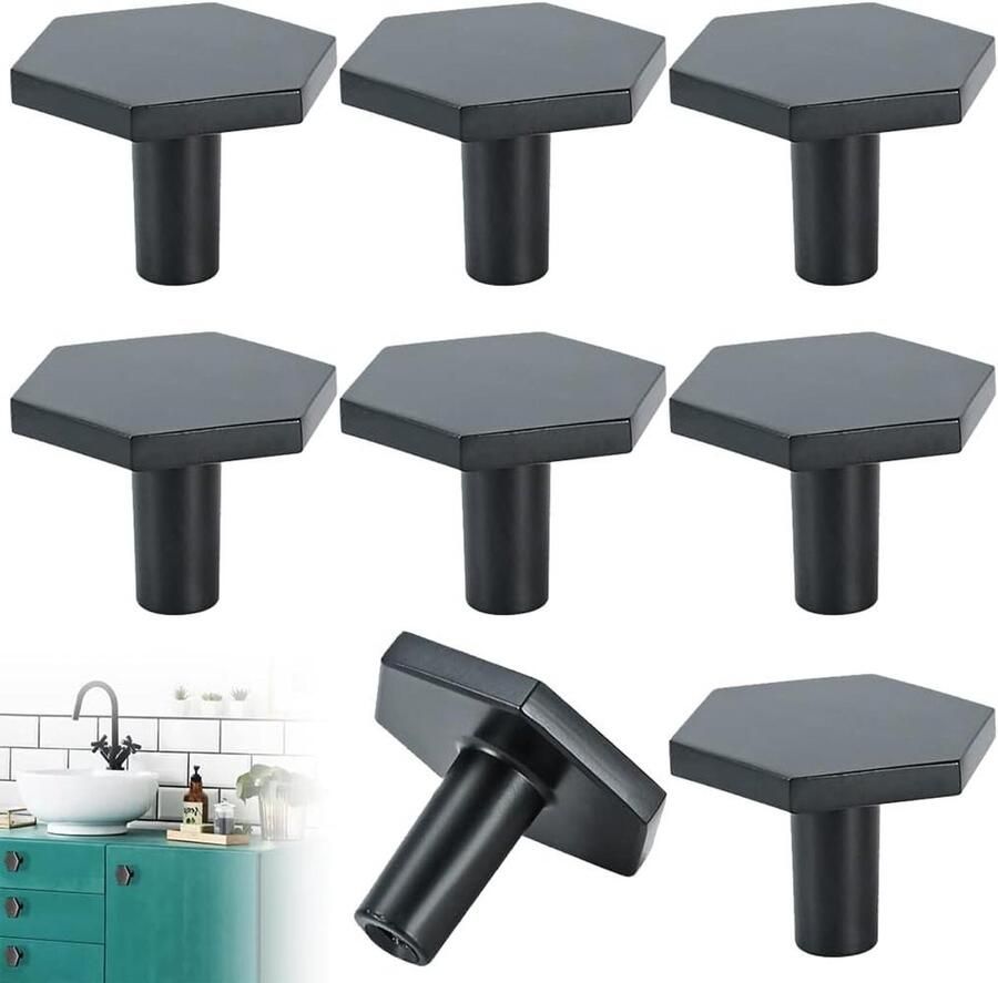 Allecto plus Meubelknoppen set 8 stuks in zeshoekig ontwerp voor keukenkasten en lades Zinklegering Zwart Deurknoppen voor binnenkasten