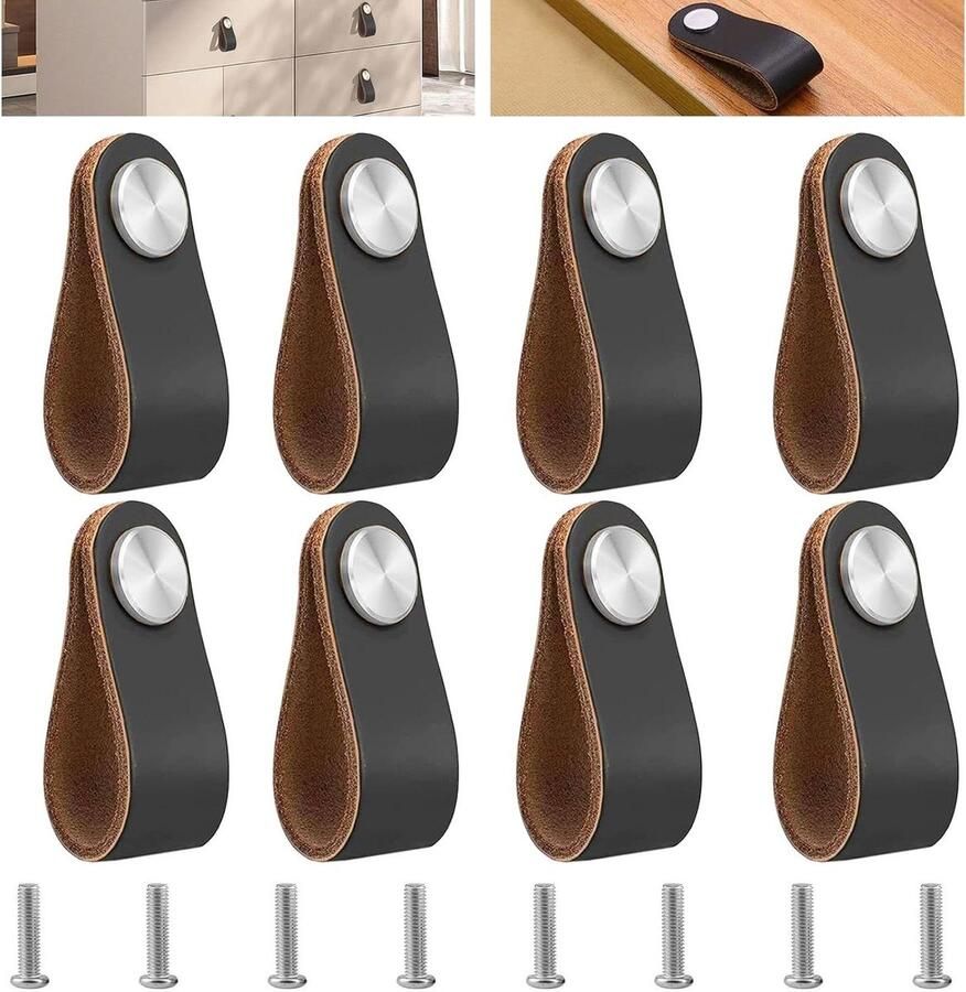 Allecto Plus Meubelknoppen van leer (8 stuks) Zwart Deurknoppen voor kasten Handgrepen keuken Schroeven inbegrepen