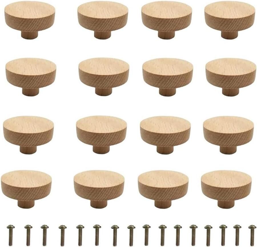 16 stuks meubelknoppen van natuurlijk hout rond handvat voor deur keukenlade meubelknoppen set met houten handvat