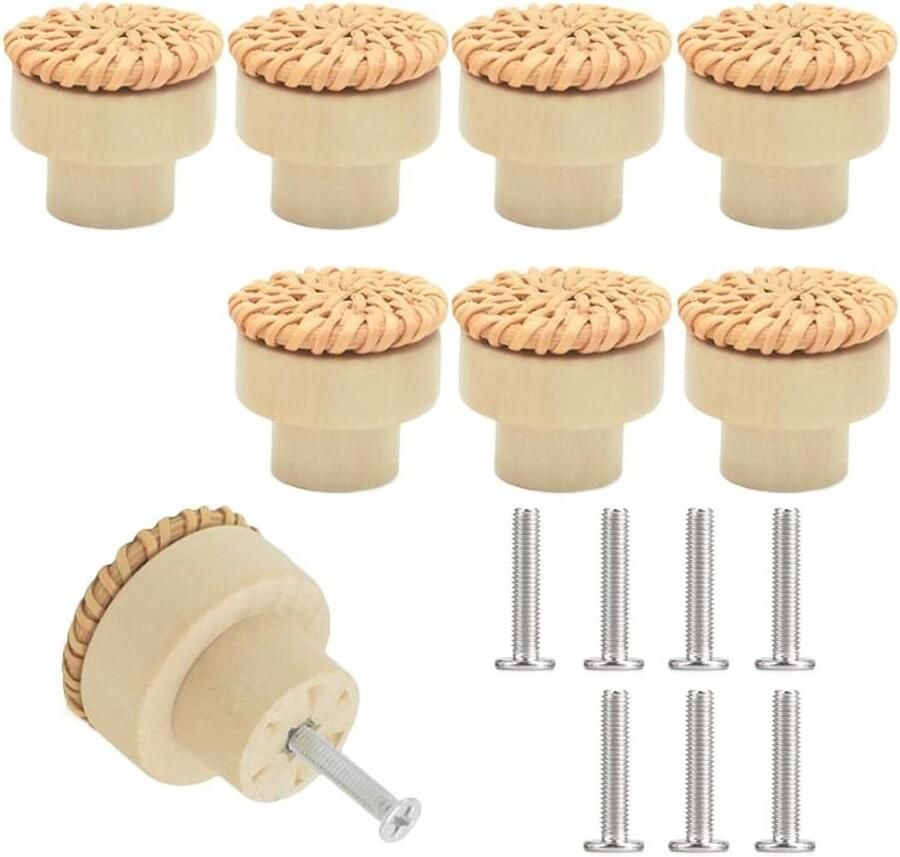 Allecto Plus Meubelknoppen van rotan 8 stuks Houten knoppen voor meubels Rond Bruin Inclusief schroeven Voor kasten en laden