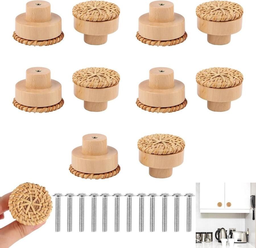 Allecto Plus Meubelknoppen voor keuken Set van 10 stuks Vintage Houten knoppen Natuurlijk Voor kasten en laden Ø 40 mm