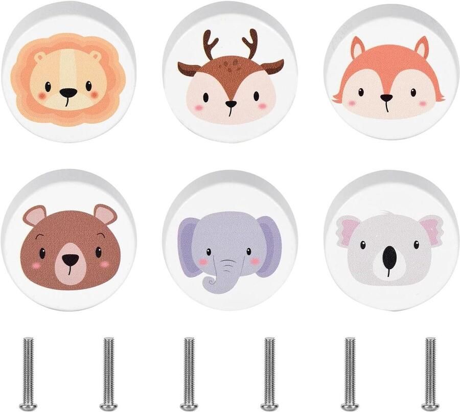 Allecto Plus Meubelknoppen voor kinderkamer Set van 6 dierenhouten ladegrepen Cirkelvormige kastknoppen Houten ladehandvatten Inclusief schroeven Wit