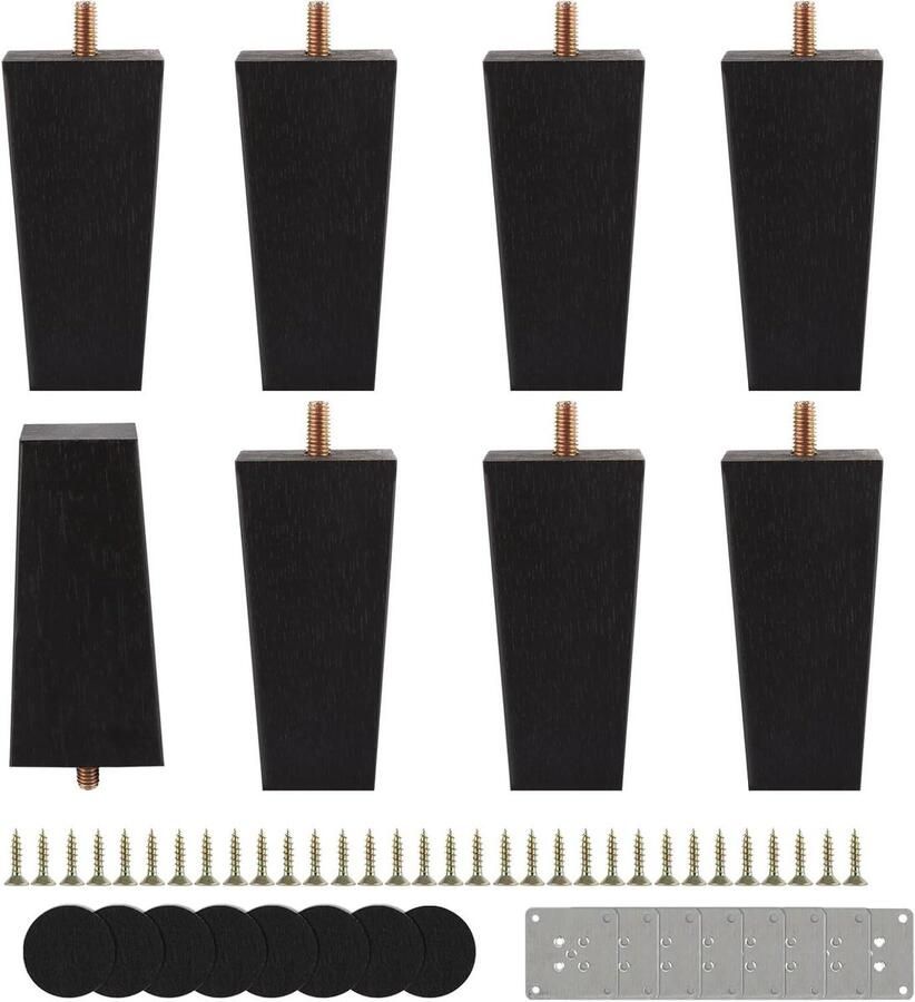Allecto Plus Meubelpoten Zwart Hout 10 cm Set van 8 Stuks Massief Hout Tafelpoten Metalen Tafelpoten voor Banken en Salontafels