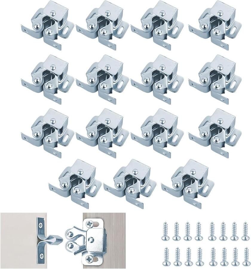 Allecto Plus Meubelsnappers 15 stuks zilver Dubbele rolsnapper voor campinglades Kliksluiting voor boekenkast kast en garderobe Inclusief schroeven