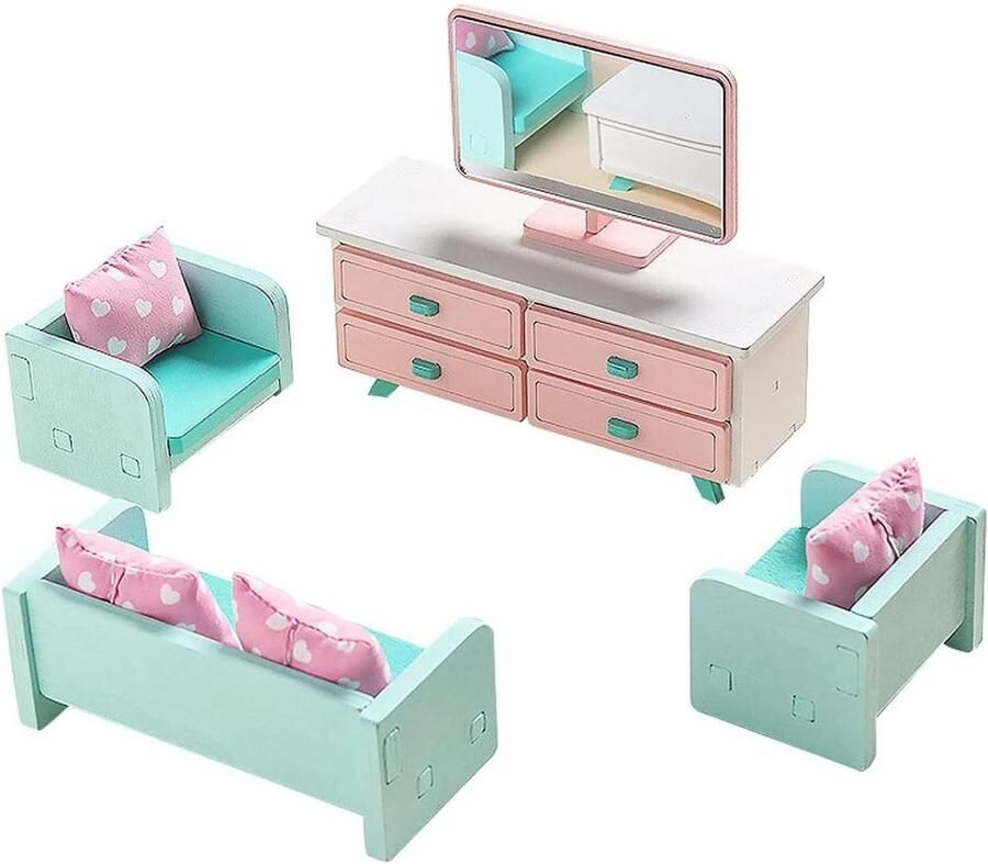 Allecto Plus Mini Meubels Woonkamer Set van Hout Bank Tafel Tv en 3 Fauteuils 10 Stuks Accessoires